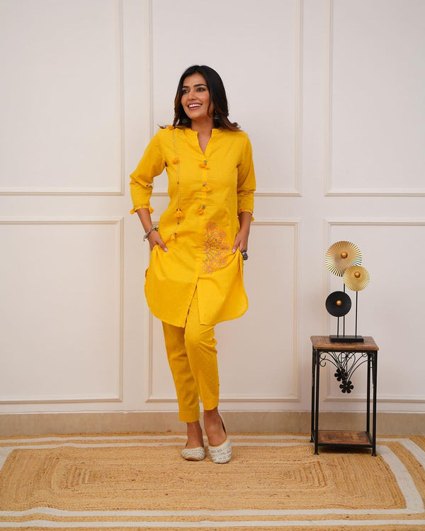 Yellow Dobby Cotton Plain WIth Sequence Embroidery Co-Ord Set