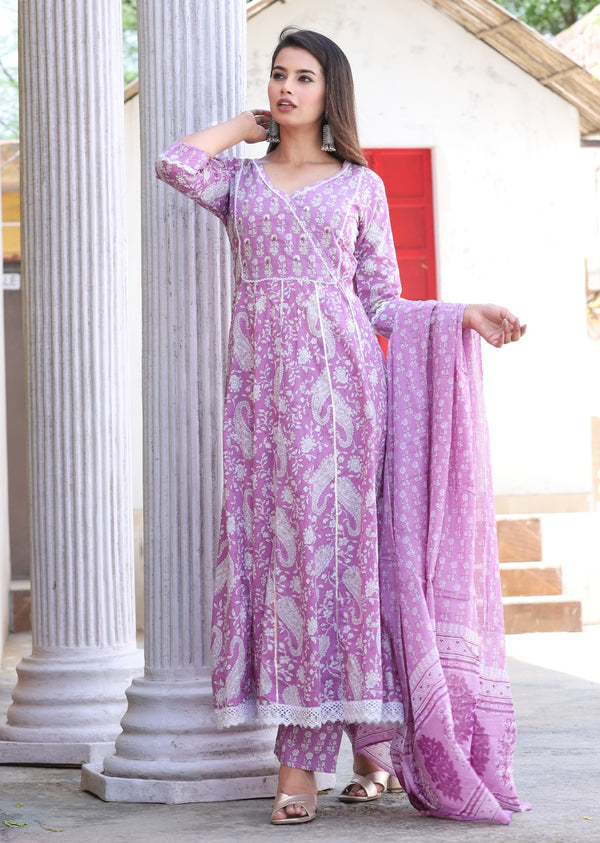 Purple Cotton Printed Angrakha Suit Set With Mulmul Dupatta