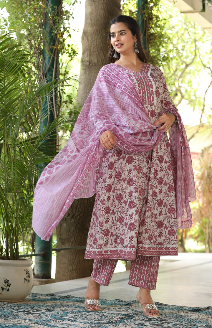 Lilac Cotton Printed Anarkali Suit Set With Mulmul Dupatta