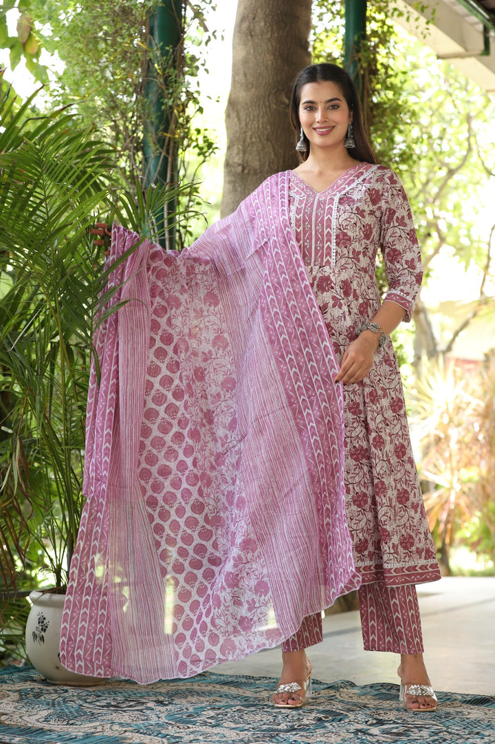 Lilac Cotton Printed Anarkali Suit Set With Mulmul Dupatta