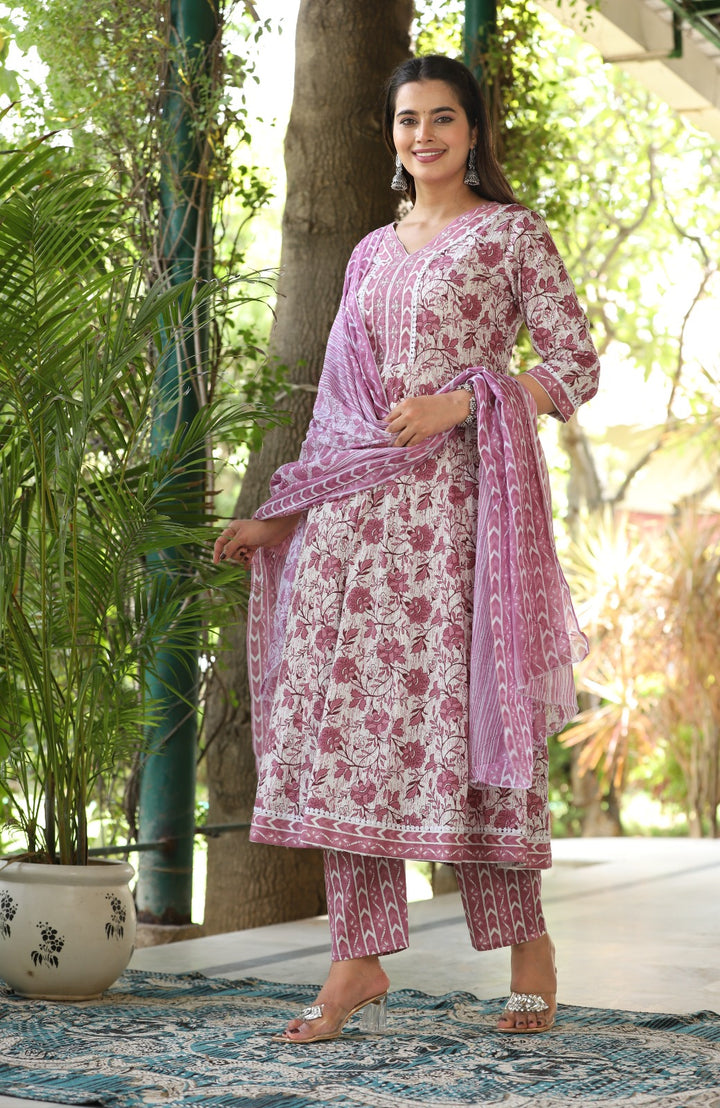 Lilac Cotton Printed Anarkali Suit Set With Mulmul Dupatta