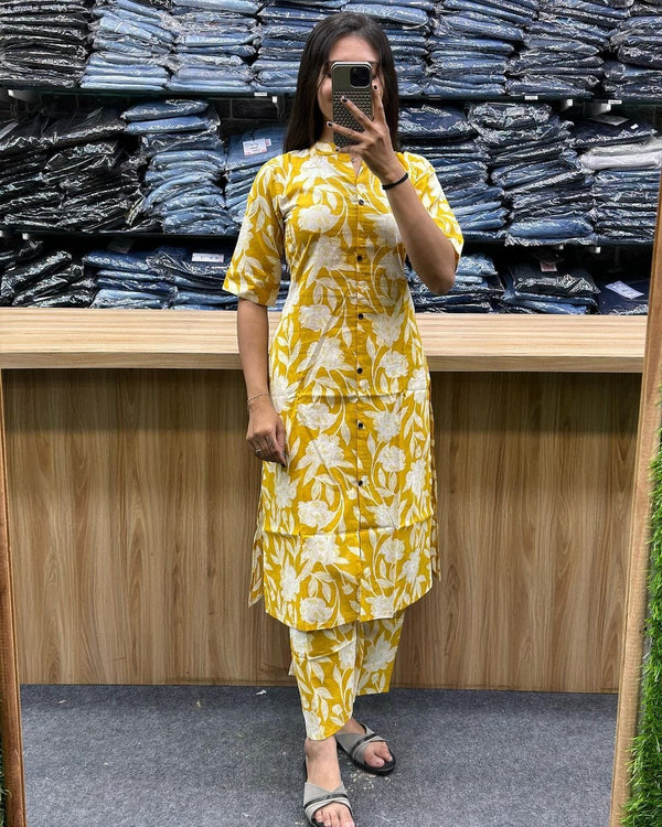 Yellow Printed Aline Cotton Co-Ord Set For Women