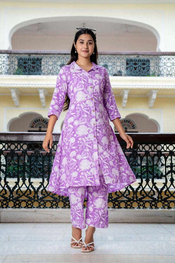 Purple Flower Jaal Printed Aline Co-Ord Set