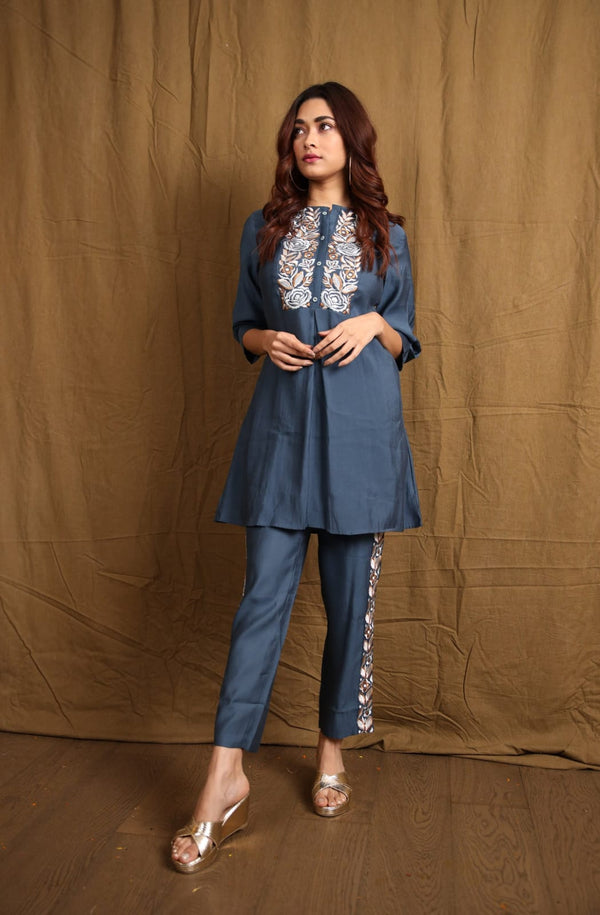 Partywear Solid Blue Embroidery Co-Ord Set