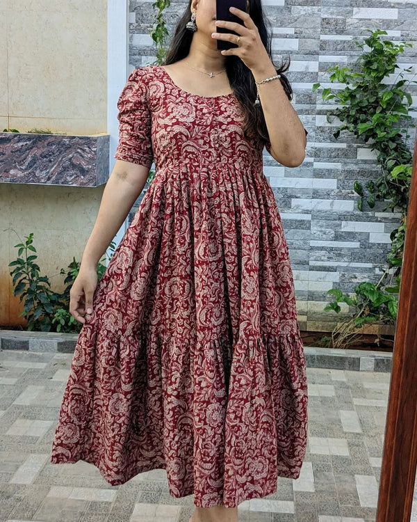 Red Jaal Printed Cotton Flair Midi Gown With Potli Button