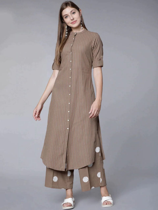 Beige Cotton Aline Kurta Pant Set For Regular Wear