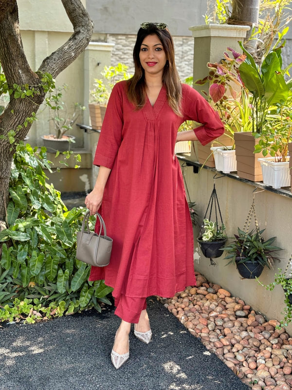 Stylish Plain Red Co-Ord Set With Lace On Neck