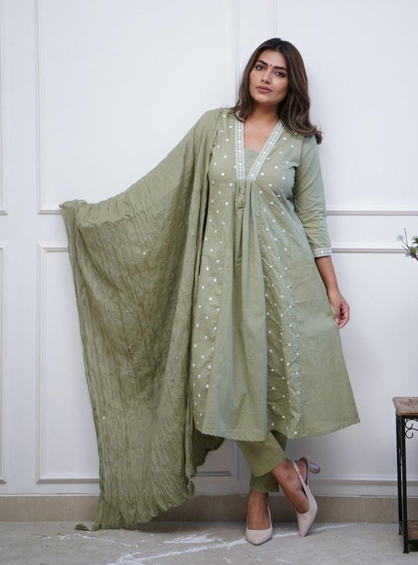 Light Green Partywear Anarkali Cotton Suit Set With Dupatta