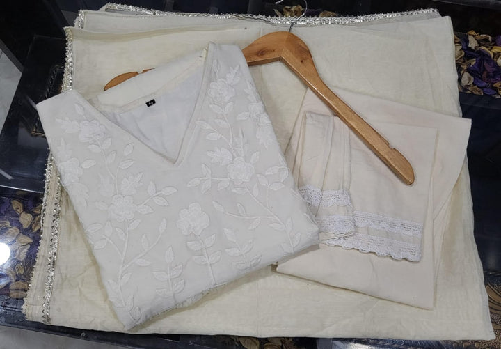 White Chanderi Embroideried Anarkali Set With Chanderi Dupatta