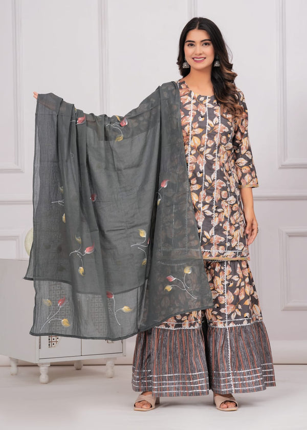 Grey Partywear Cotton Floral Printed Sharara Set With Gota Work