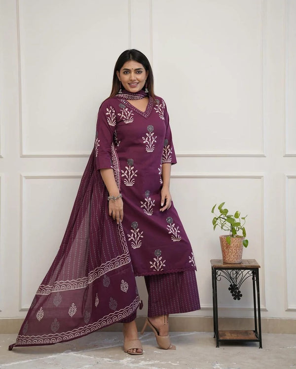 Dark Purple Butta Printed Cotton Suit Set With Dupatta