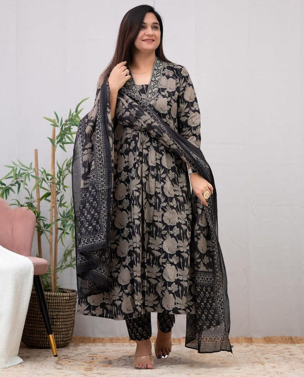 Black Jaal Printed Cotton Alia Cut Suit Set With Mulmul Dupatta