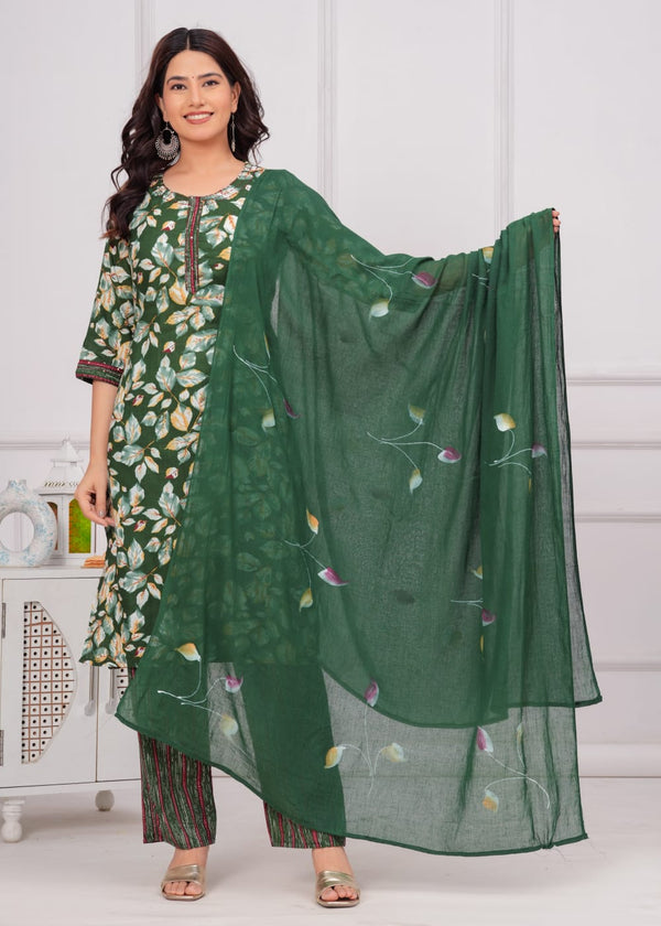 Green Floral Jaal Printed Kurta Bottom Set For Women