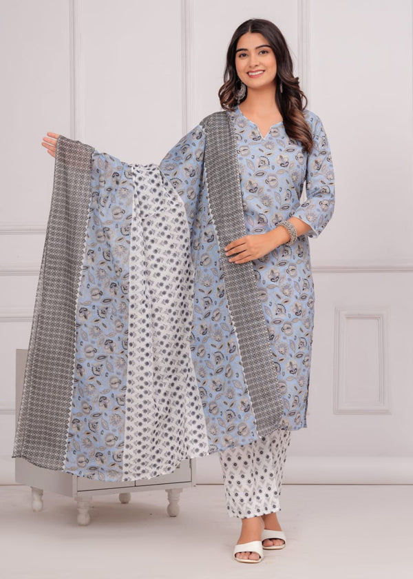 Grey Floral Jaal Printed Kurta Bottom Set For Women