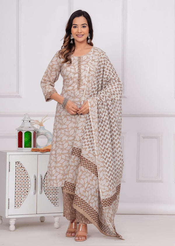 Beige Floral Jaal Printed Kurta Bottom Set For Women