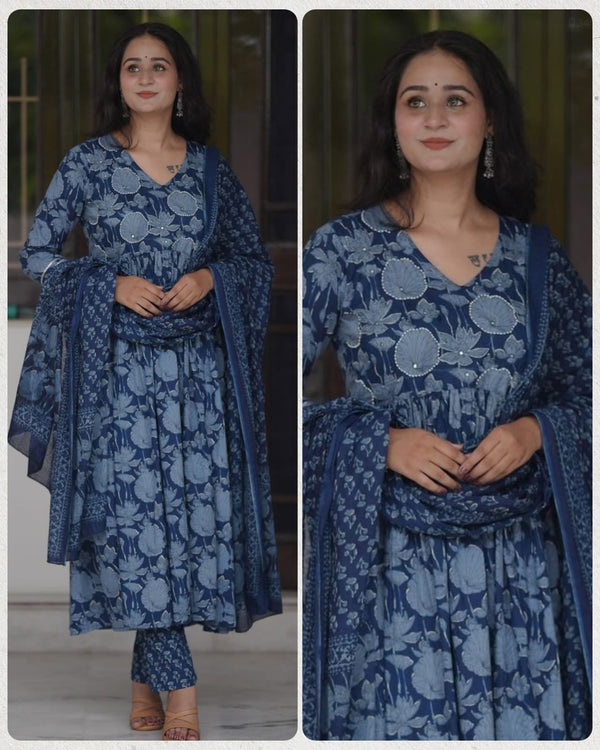 Blue Cotton Printed Kurta Pant Set with Mulmul Dupatta