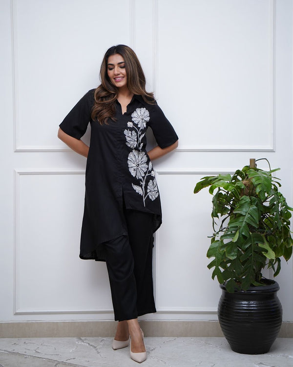 Black Cotton Stylish Co-Ord Set With Flower Leaf Embroidery