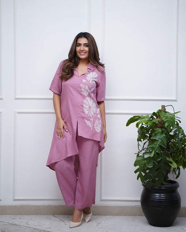 Pink Cotton Stylish Co-Ord Set With Flower Leaf Embroidery