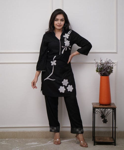 Classy Solid Black Flower Embroidery Co-Ord Set