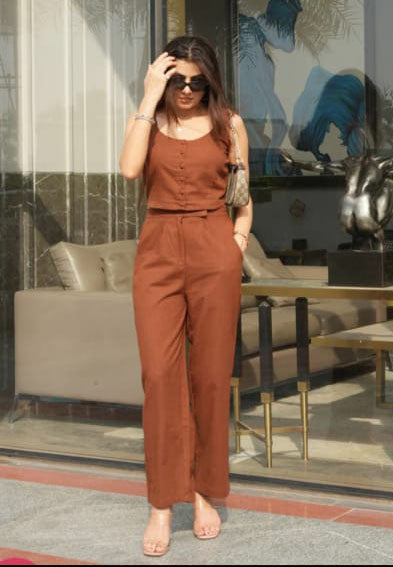 Brown Slub Cotton Plain Stylish Co-Ord Set