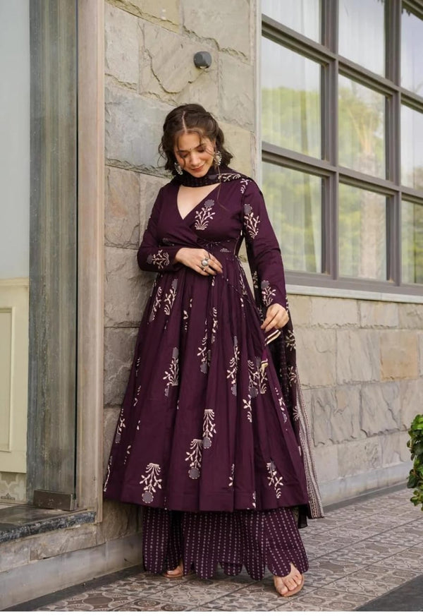 Dark Purple Digital Printed Partywear Cotton Anarkali Suit Set