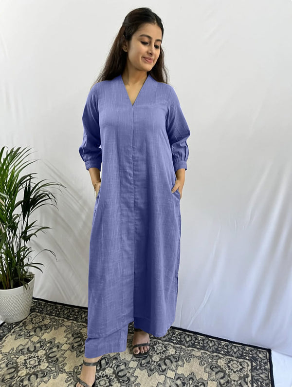 Blue Plain Slub Cotton Aline Fit Co-Ord Set