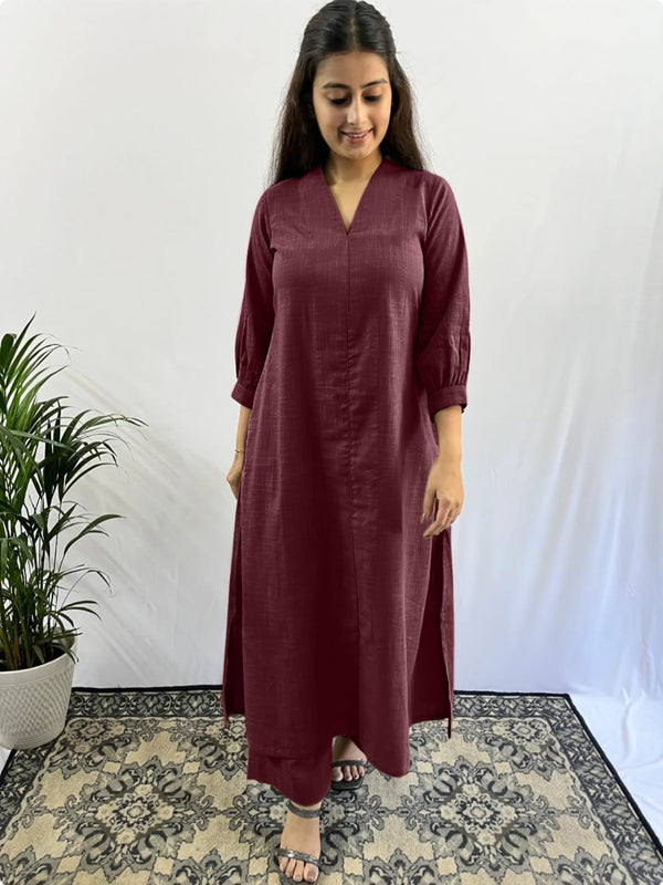 Wine Plain Slub Cotton Aline Fit Co-Ord Set