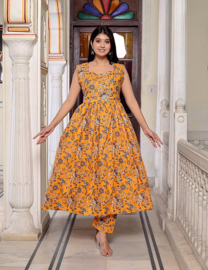 Yellow Jaal Printed Flared Kurta Bottom Set With Dupatta