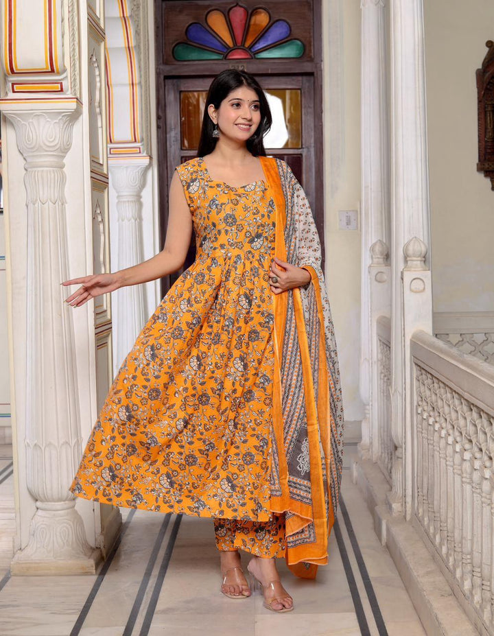 Yellow Jaal Printed Flared Kurta Bottom Set With Dupatta