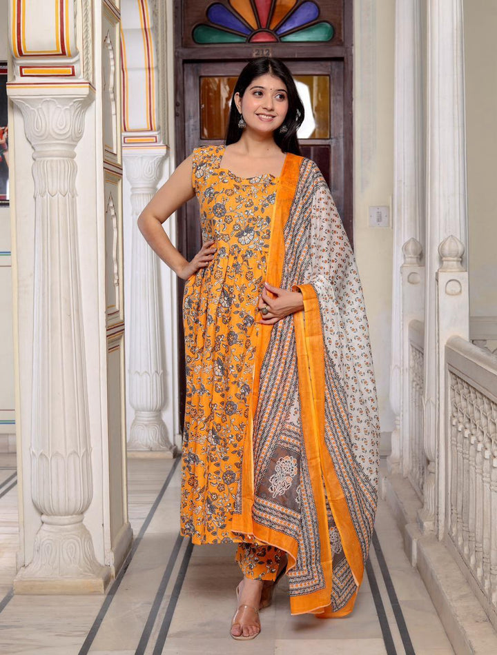 Yellow Jaal Printed Flared Kurta Bottom Set With Dupatta