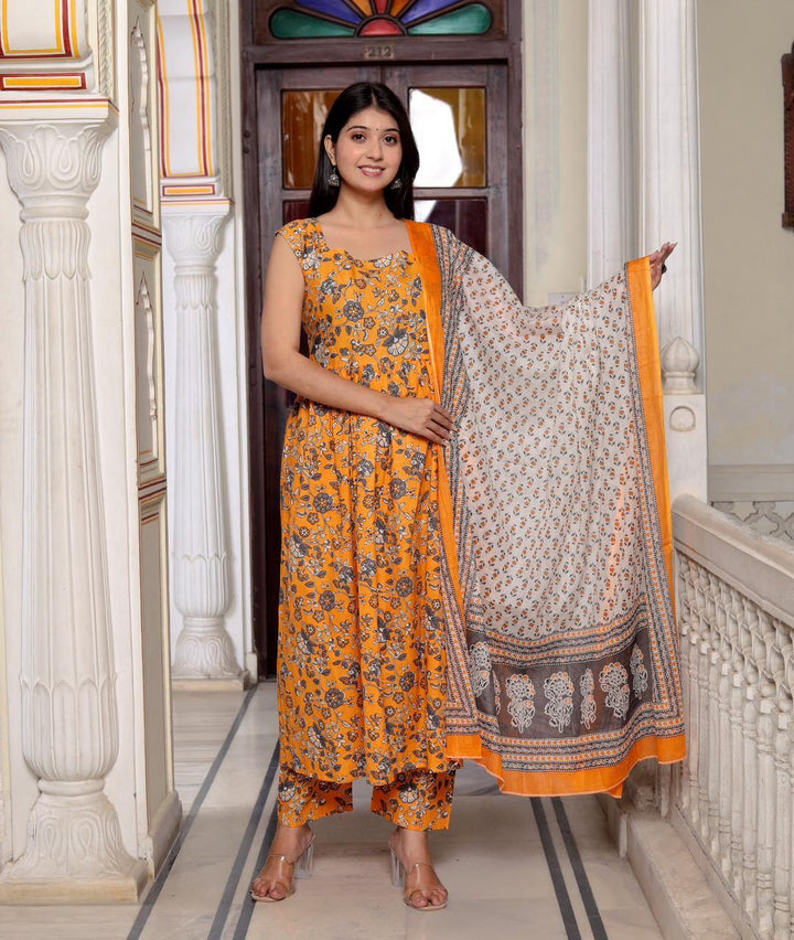 Yellow Jaal Printed Flared Kurta Bottom Set With Dupatta