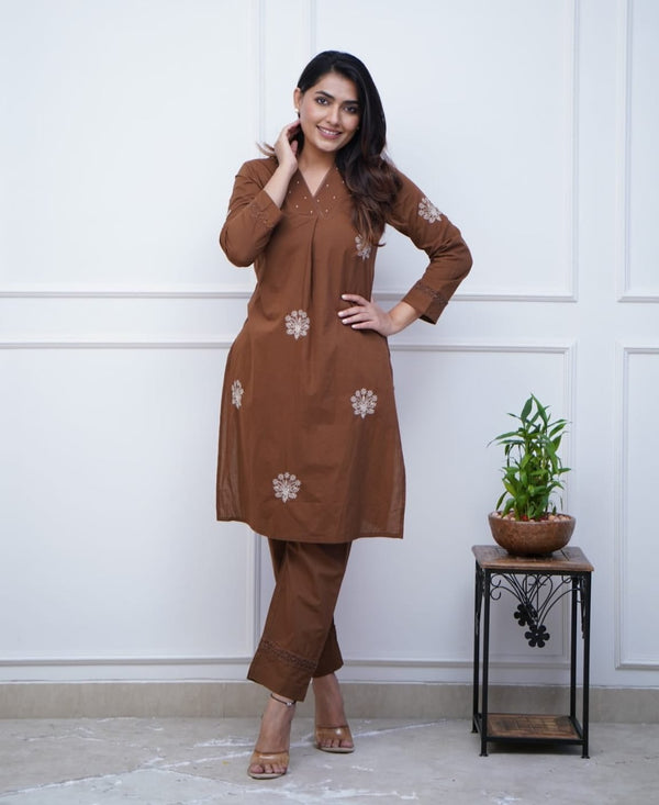 Brown Cotton Full Embroidery Kurta Pant  Set With Lace