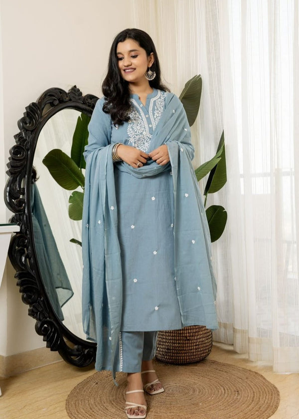 Grey Cotton Full Embroidery Kurta Pant Set With Dupatta