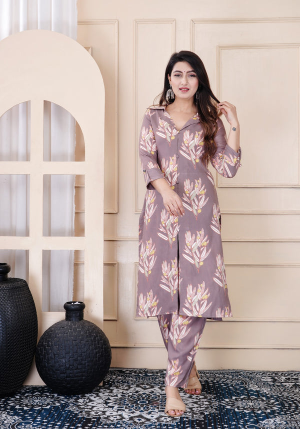 Mauve Rayon Floral Butta Printed Kurta Bottom Set