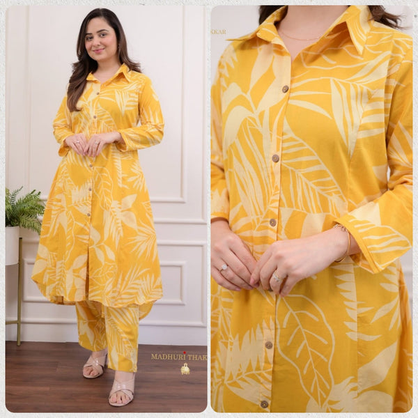 Yellow Flower Printed 60-60 Cotton Leisure Wear Set