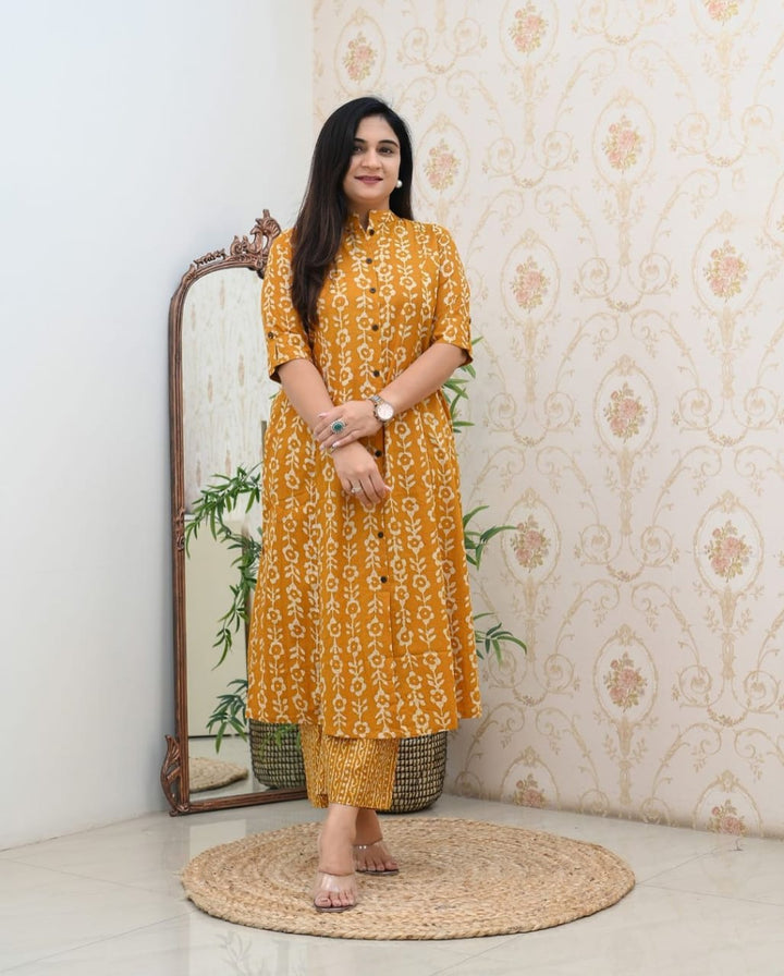 Mustard Classic Printed Cotton A-line Kurta Bottom Set