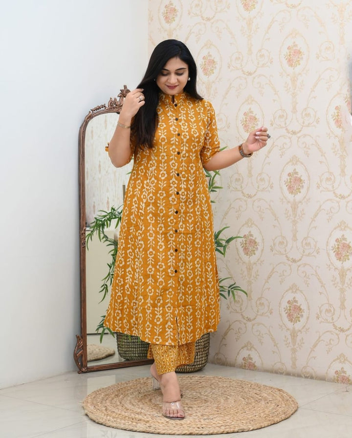 Mustard Classic Printed Cotton A-line Kurta Bottom Set