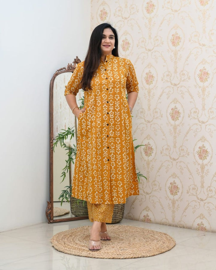 Mustard Classic Printed Cotton A-line Kurta Bottom Set