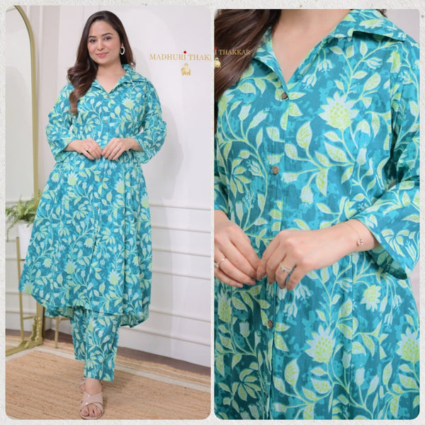 Sea Green Cotton Jaal Printed  Co-Ord Set