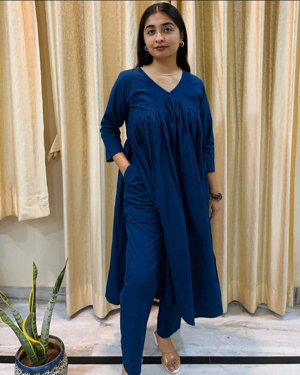 Blue Plain Cotton Flex Co-Ord Set With Side Slit