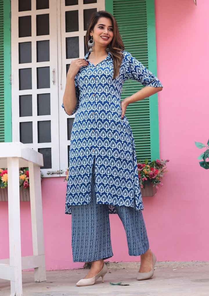 Blue Rayon Printed Kurta Palazzo Set