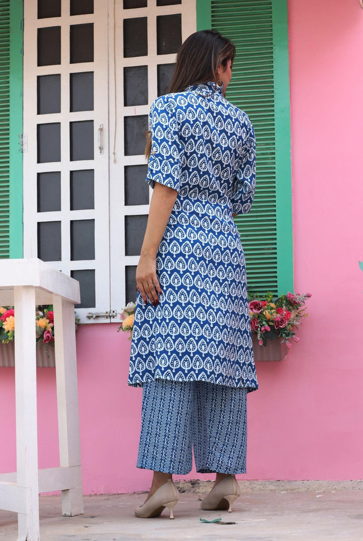 Blue Rayon Printed Kurta Palazzo Set