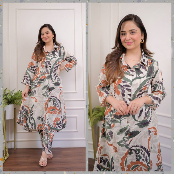 Off White Multi Printed Stylish Leisure Wear Set