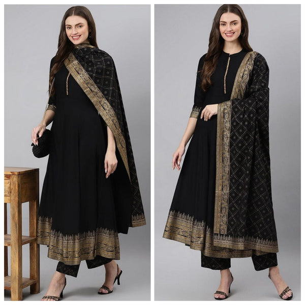 Black Solid Plain Rayon Partywear Anarkali Suit Set With Dupatta