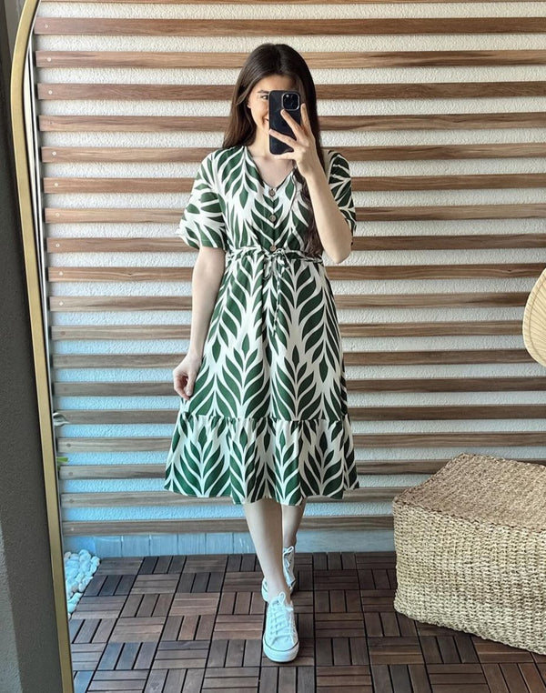 White Sea Green Leaf Printed Cotton Knee Length Dress