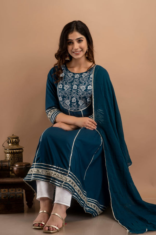 Sea Blue Heavy Rayon Anarkali Kurta Bottom Set With Embroidery On Yoke