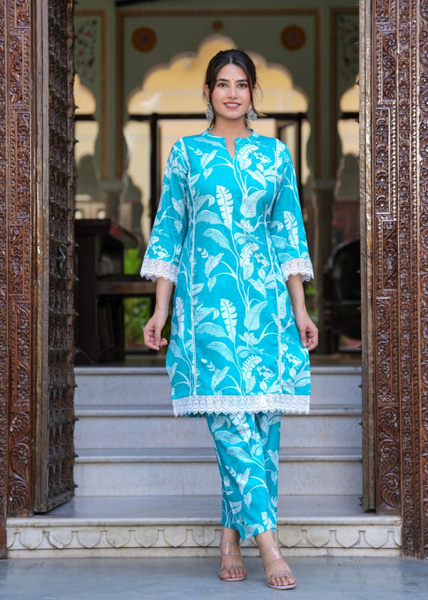 Turquoise Cotton Leaf Printed Co-Ord Set