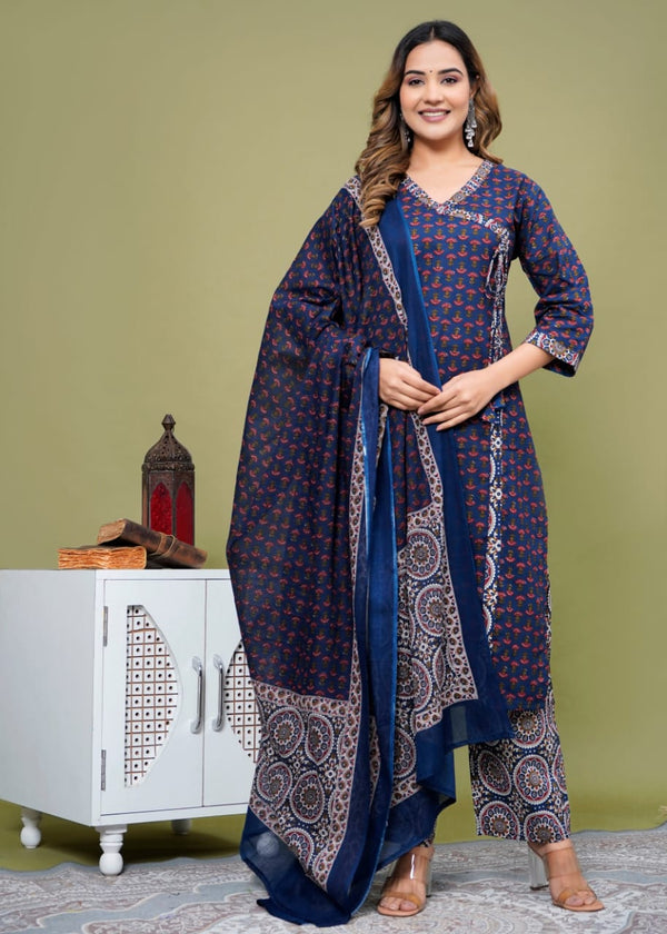 Navy Butti Printed Cotton Angrakha Style Kurta Bottom Set