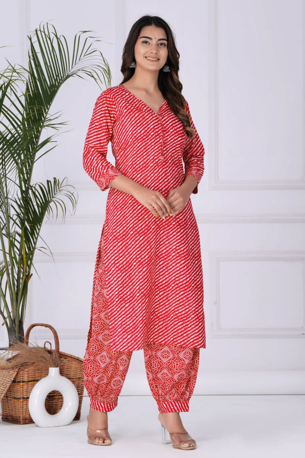 Red Lehariya Cotton Printed Kurta Afgani Pant Set