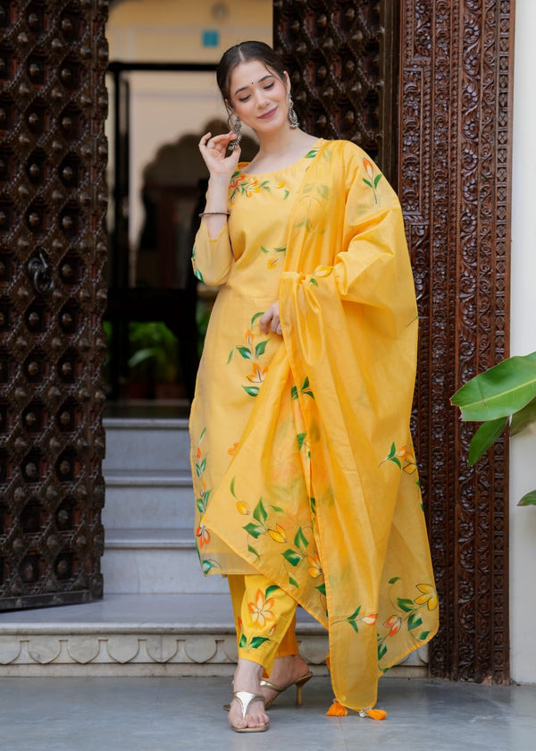 Partywear Yellow Floral Embroidery Chanderi Silk Kurta Bottom Set